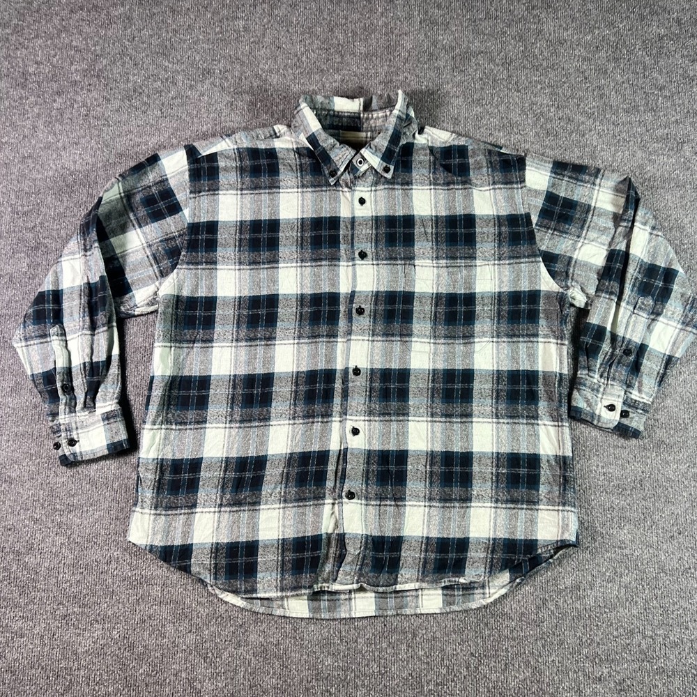Woodland Trail Flannel Shirt Men's XL Black White Plaid Button Front Warm Casual